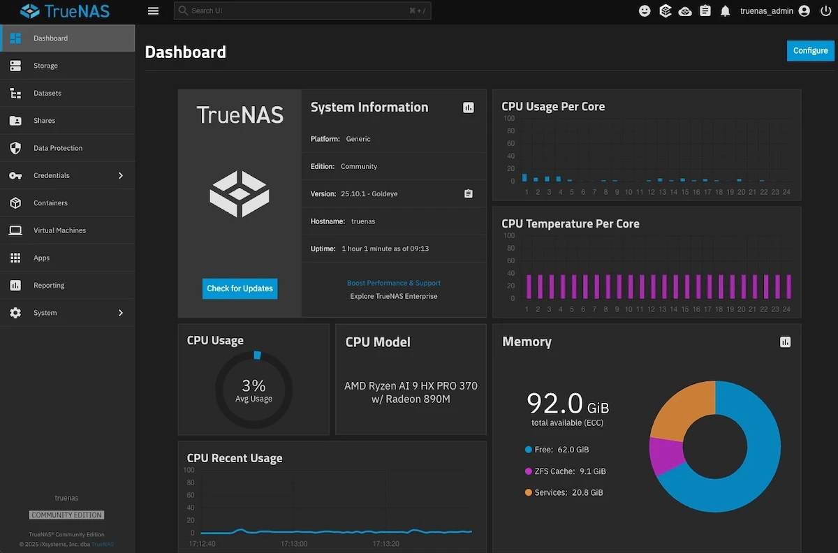 TrueNAS SCALE operational dashboard