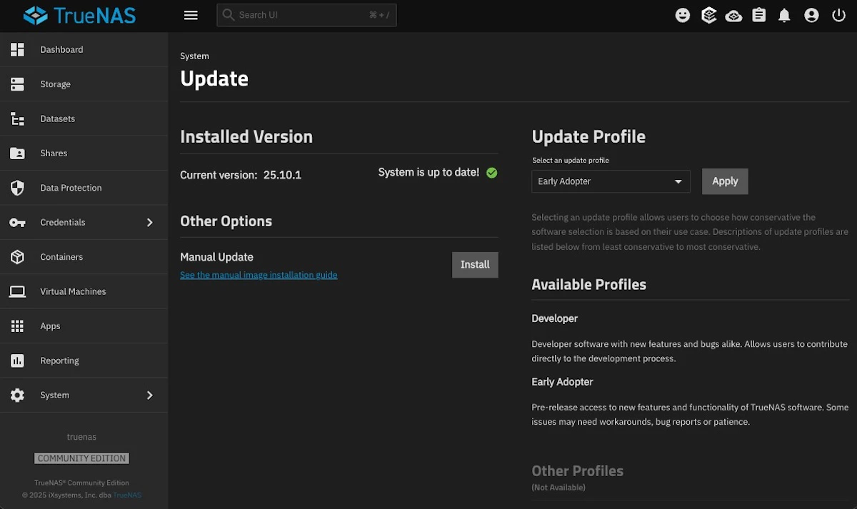 TrueNAS SCALE update interface